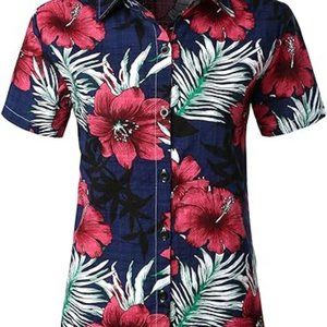 Women's Floral Blouse Casual Button Down Short Sleeve Aloha Hawaiian Shirt